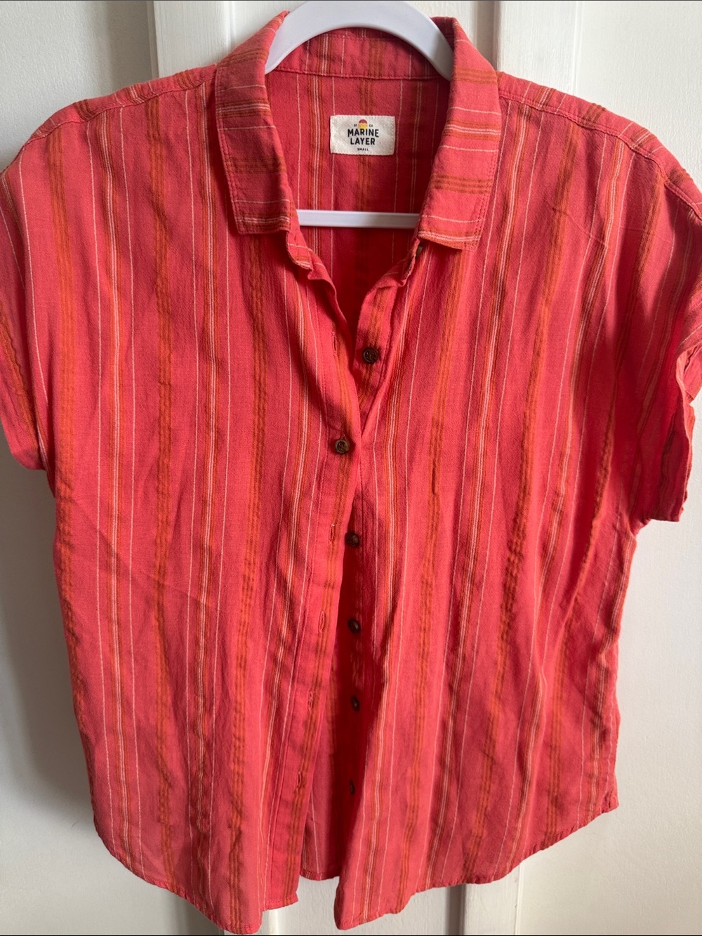 Marine Layer Coral-Striped Short Sleeve Button Down